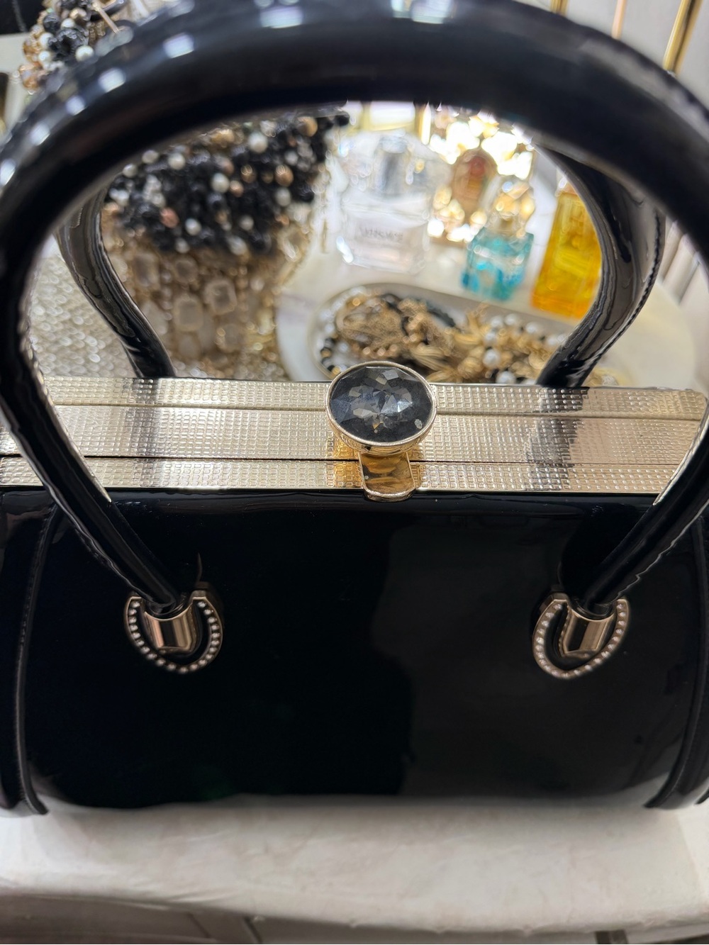 Elegant Black MK Patent Handbag with Gemstone Accent
